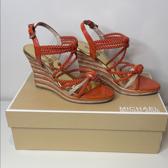Michael Kors | Spring Orange Summer Wedge Knotted Braided Strappy Sandals 6.5 M - Picture 1 of 17
